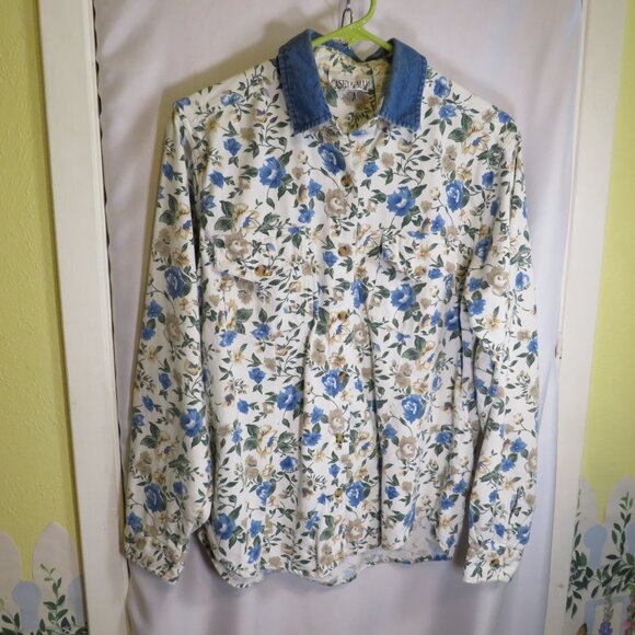 Vintage Casey & Max 100% cotton Floral Corduroy w Denim Collar - Picture 1 of 7